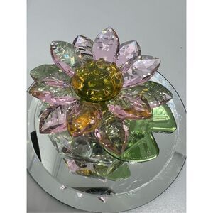 H&D HYALINE & DORA Pink Lotus Green Lily Pad Sparkling Crystal Flower Figurine
